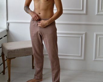 Pantalon en lin pour homme, Pantalon en lin pour homme, Pantalon léger avec taille élastique, cordon de serrage. Pantalon d&#39;été en lin, un pantalon pour toutes les occasions ! Cadeau pour lui
