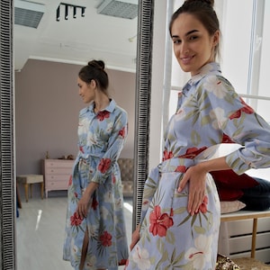 FLOWER Print Women&#39;s LINEN ROBE, Limited edition, Women Flax Robe, Linen Bathrobe Women, Floral Print Robe, Flower Print Dress, Gift for Her