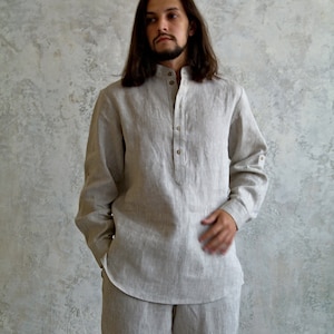 Mens Natural Shirt, Linen Shirt Men, Linen Band-collar shirt for Men, Heavy Linen Sustainable Men&#39;s Shirt, Organic Flax Shirt, Gift for Him!