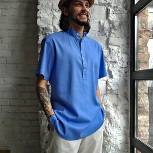 LINEN SHIRT MEN, size M. Men Linen shirt, Short sleeves Mans shirt, Organic Flax shirt, Beach party shirt, Summer linen shirt