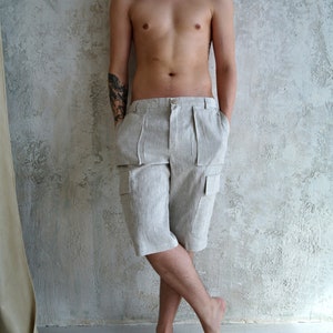 Linen shorts with 5 BIG POCKETS, Men&#39;s Linen shorts, Natural linen shorts, Pure Linen Shorts men, Undyed linen shorts, Organic Flax shorts