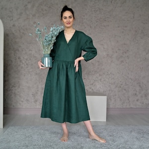 LINEN DRESS Women, Organic flax dress, Oversize linen dress, Flare Linen dress, Maxi Linen dress, Casual dress, Puffy sleeves, Loose dress