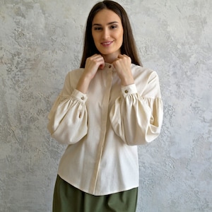 Linen SHIRT for women, Women&#39;s Stand Collar Shirt, Linen Kimono shirt, Natural Linen shirt, Linen blouse Puffy sleeves, Linen Bohemian shirt