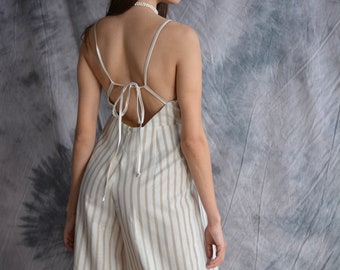 Women's BACKLESS Linen Jumpsuit, LINEN JUMPSUIT women, Women Wide leg jumpsuit, Open back jumpsuit, Strap back flax jumpsuit