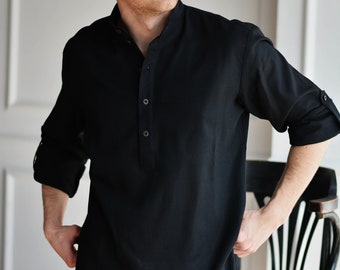 Breathable natural linen shirt for men. Long adjustable roll-up sleeves, Band collar shirt for summer beach party, Valentine&#39;s Gift for Him