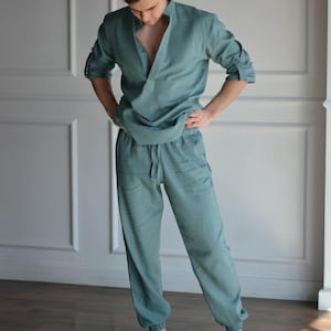 MEN LINEN SET: band collar shirt with roll-up sleeves, tapered linen pants. Gift for Him! Special occasion pure linen set. Best man suit.