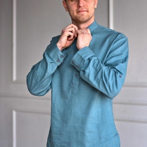 MEN&#39;S LINEN SHIRT, Natural linen shirt, Valentine&#39;s Gift for Him! Adjustable roll-up sleeves, Chinese collar shirt, Breathable shirt for men