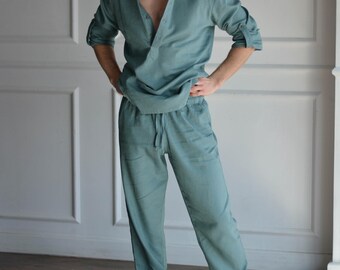 MEN LINEN SET: band collar shirt with roll-up sleeves, tapered linen pants. Gift for Him! Special occasion pure linen set. Best man suit.