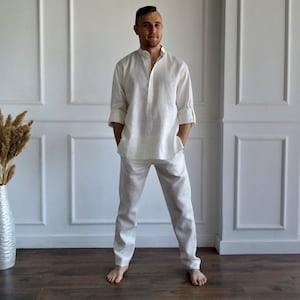 MEN&#39;S LINEN SET, Pure linen suit men, Best man linen suit, Band collar shirt, Roll-up sleeves, Linen pants men, Flax trousers, Flax shirt