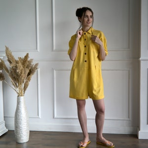 Women linen button jumpsuit with pockets and belt, plus size overall with shorts, short sleeve linen romper, short jumpsuit