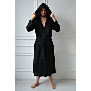 Mens linen robe, Linen robe for men, Hooded black robe, Black Hoodie, Male bathrobe, Linen robe, Men's bathrobe, Gown for Men, Gift for him image 3