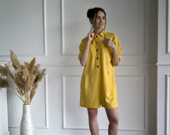 Women linen button jumpsuit with pockets and belt, plus size overall with shorts, short sleeve linen romper, short jumpsuit