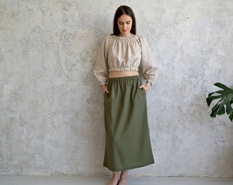 LINEN SKIRT with Pockets, Elastic waist Linen skirt, Women Linen skirt with Slits, Casual Linen Skirt, Long Linen Skirt, Organic flax skirt