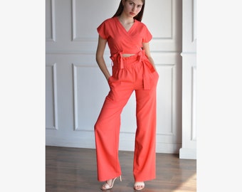 Damen LEINEN Set: Palazzohose und Wickeltop. Hoch taillierte Hose mit weitem Bein und Crop Top. Weiches Naturleinen Set für Frauen. Bio Flachs Anzug.