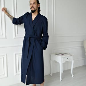 Dark Blue Linen Kimono Robe for Men, Handmade Flax Bathrobe, Custom Size