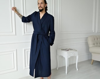 Dark Blue Linen Kimono Robe for Men, Handmade Flax Bathrobe, Custom Size