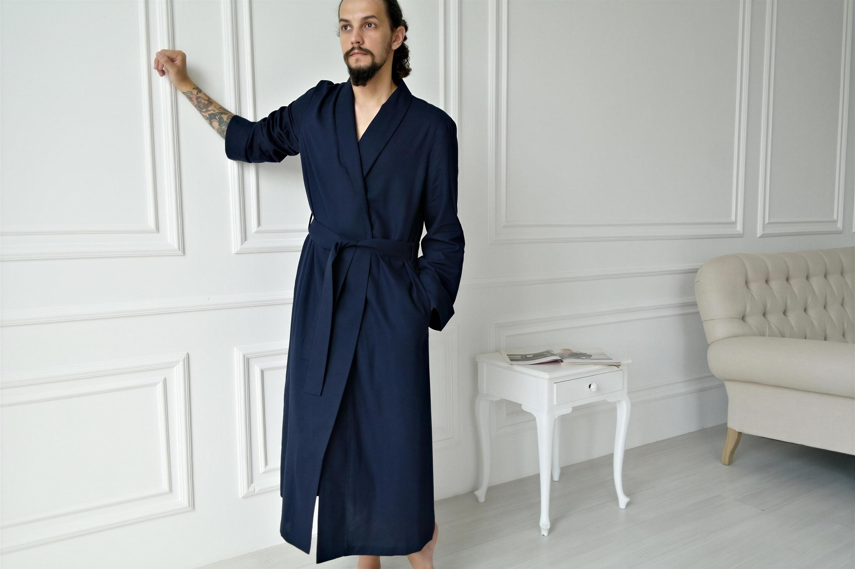 Dark Blue Linen Kimono Robe for Men, Handmade Flax Bathrobe for Relaxed Home Lounge, Summer Wear and Custom Size, Made to Measure