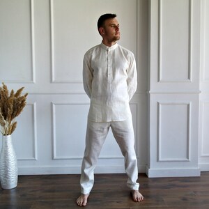 MEN'S LINEN SET, Pure linen suit men, Best man linen suit, Band collar shirt, Roll-up sleeves, Linen pants men, Flax trousers, Flax shirt image 3