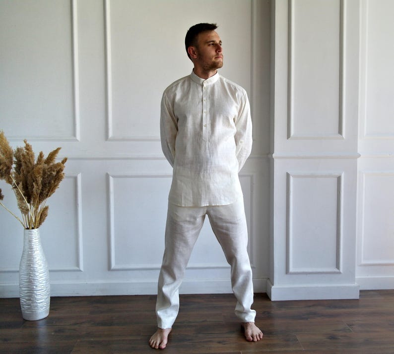 MEN'S LINEN SET, Pure linen suit men, Best man linen suit, Band collar shirt, Roll-up sleeves, Linen pants men, Flax trousers, Flax shirt image 3
