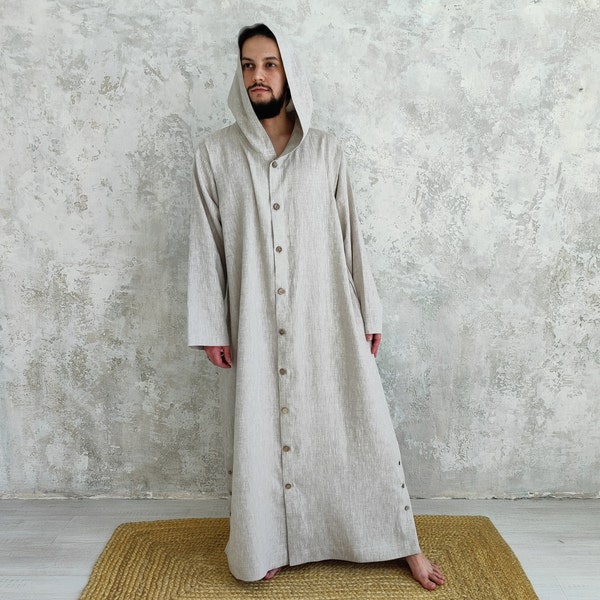 MAXI Linen Kaftan Men, UNDYED Long Linen Robe, Hooded Linen Robe Men, Sustainable Linen Hooded Kaftan, Loose Linen Robe, Organic Flax Kaftan