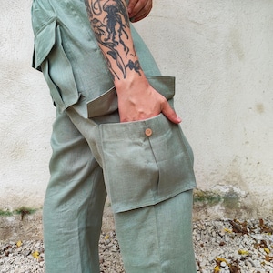 Men's Linen Cargo Pants, 7-Pocket Work Trousers, Organic Flax Trousers (Sage Green)