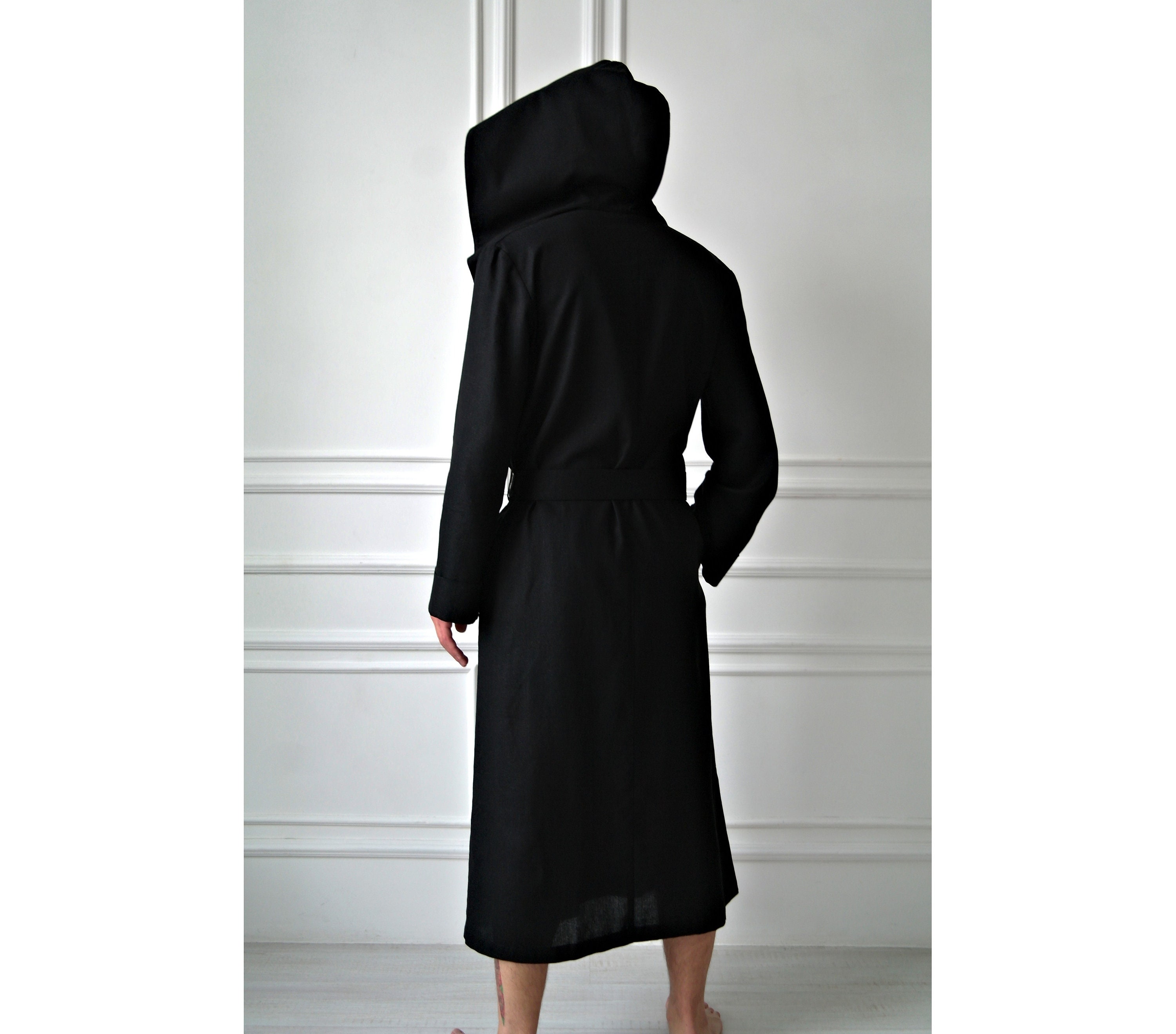 Mens Linen Robe Linen Robe for Men Hooded Black Robe Black Etsy UK
