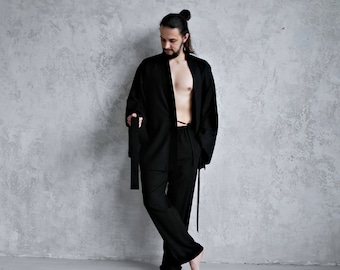 MEN'S LINEN KIMONO set, Black Men's Kimono, Linen Man's Suit, Linen Kimono Set for Men, Light Linen Kimono Shirt, Organic Flax Kimono