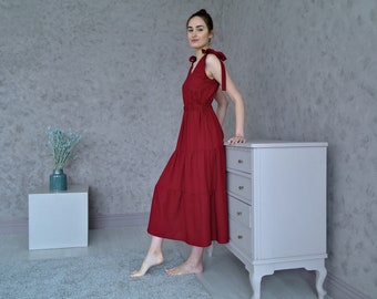 Red Linen Spaghetti Strap Dress - Light Weight Dress With Pockets - Low  Back - Etsy