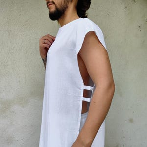 Men's Sleeveless Linen Tunic, Open-Side Flax Top with Straps and Back Button