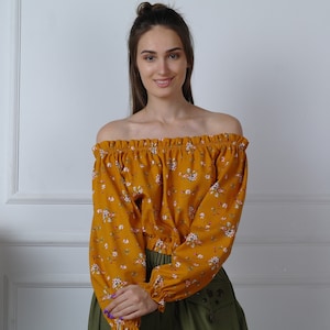 CROP TOP, open shoulders linen top, FLOWER print linen tank top with peasant puffed sleeves, off shoulder linen blouse, Boho ethnic blouse