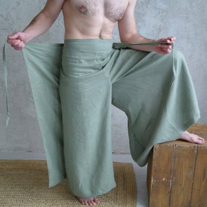 Fisherman Linen Pants, Linen Wrap Pants for Men, Men's Wide Leg Pants, Men's Natural Flax Pants, Loose Linen Pants, Yoga Men's Linen Pants