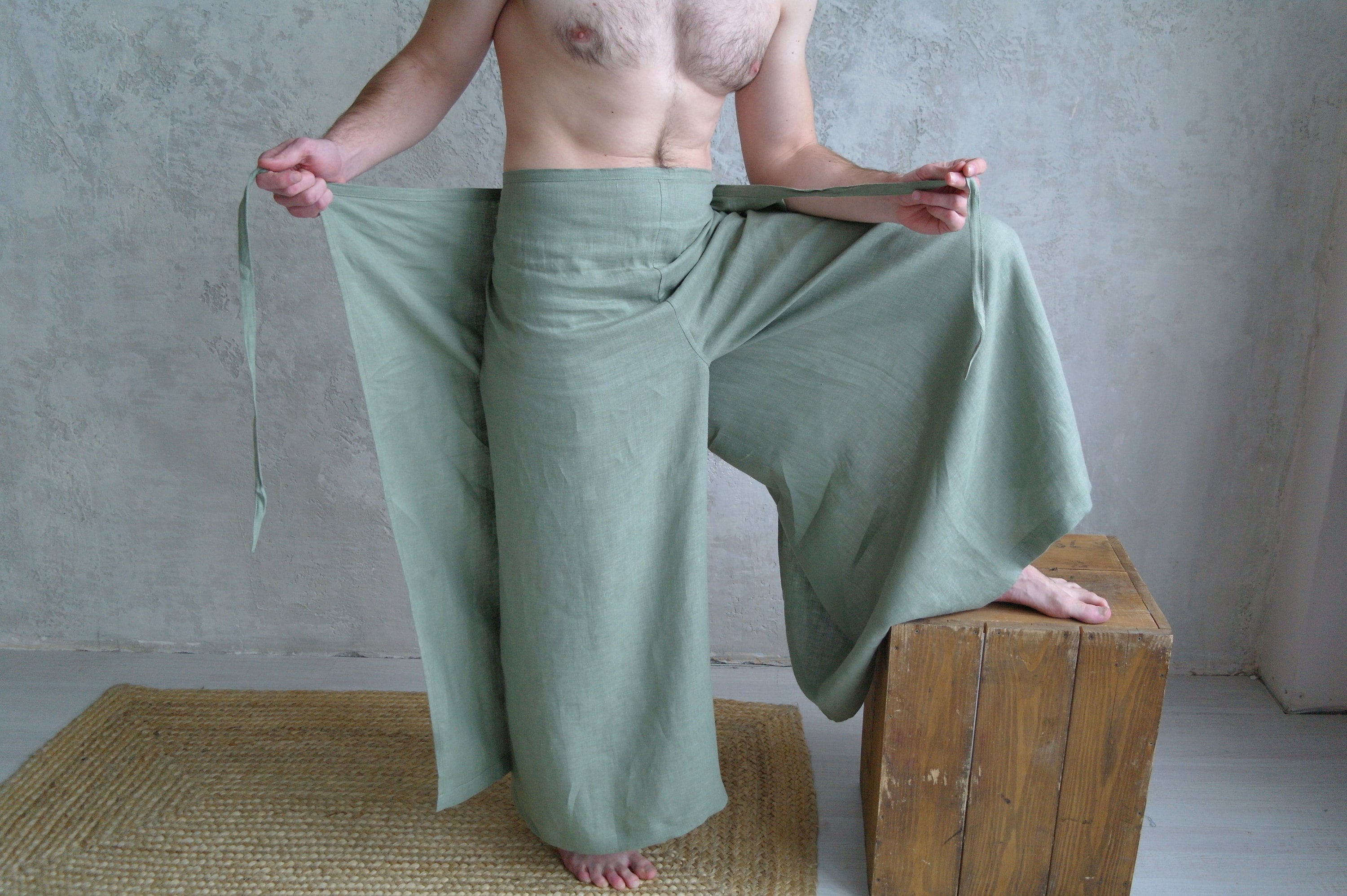 Fisherman Pants. Sarong Wrap Trousers. Mens Linen Yoga Pants. Man Harem  Pants. Linen Wrap Pants. Palazzo Pants. Wide Leg Unisex Pants 