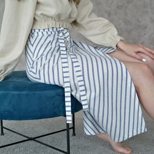 LINEN WRAP SKIRT, Casual Skirt, Women&#39;s Striped Linen skirt, A-line Linen Skirt, Natural linen skirt, Midi linen skirt, Organic flax skirt
