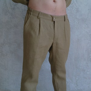 Pantalon en lin plissé pour homme, taille 2XL, vert sauge, pantalon en lin classique, pantalon de travail décontracté en lin OEKO-TEX, pantalon en lin naturel, cadeau pour lui image 2