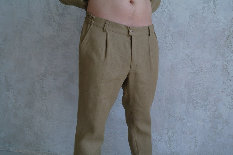 Pantalon en lin plissé pour homme, taille 2XL, vert sauge, pantalon en lin classique, pantalon de travail décontracté en lin OEKO-TEX, pantalon en lin naturel, cadeau pour lui image 2