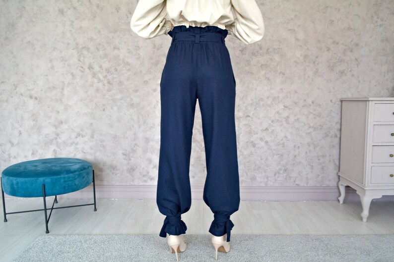 LINEN PANTS for Women, Natural Linen pants, Women's Wide-leg Pants with Straps, Women Linen trousers, Womens Flax pants, Wide linen Trousers image 8