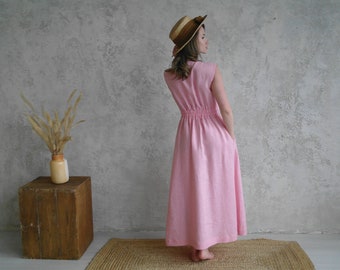 PURE Linen Dress, Linen V-neck Dress, Linen Ruffled Back Dress, Rose Maxi linen dress, Pleated Linen dress, OEKO-TEX Natural Flax dress