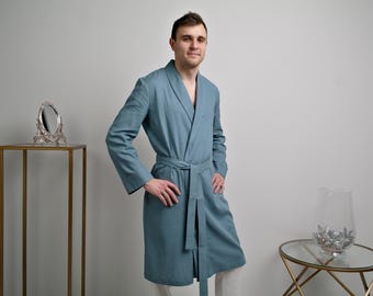 Short Linen Bathrobe for Men – Knee-Length Flax Robe, Lounge & Spa, Custom Fit