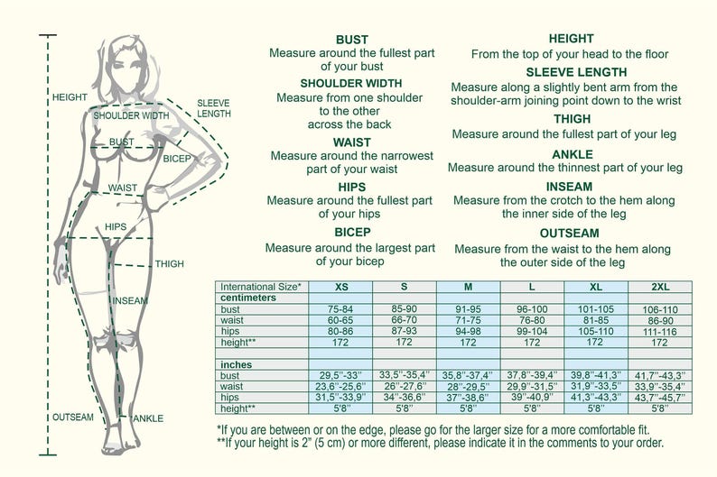 Women's linen dress size chart with garment measurements and sizing guidance.