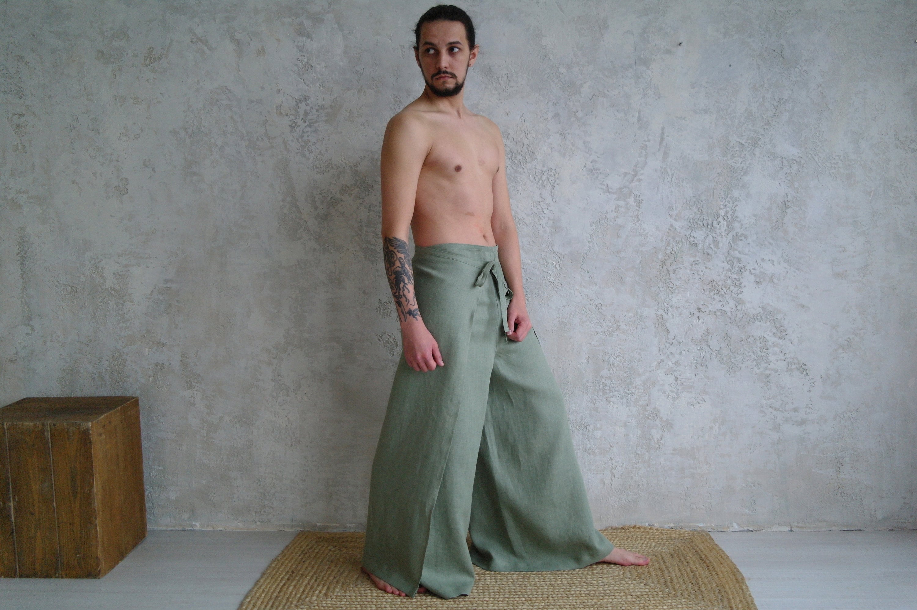 【mnem】Shaka Wrap Wide Pants Wrap Around Wide Leg Linen Pants With Front Tie In Black