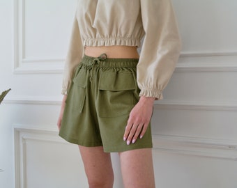 Olive LINEN SHORTS WOMEN, Women's linen shorts, Short shorts, Organic linen shorts, Flax shorts, Shorts for women, Loose shorts with pockets