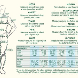 Men’s linen clothing size chart with body measurements and garment sizing guide.