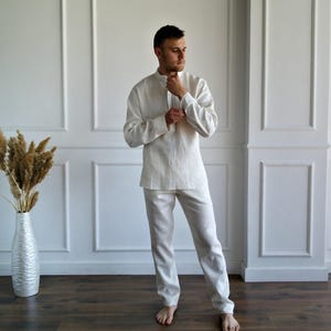 MEN'S LINEN SET, Pure linen suit men, Best man linen suit, Band collar shirt, Roll-up sleeves, Linen pants men, Flax trousers, Flax shirt image 5