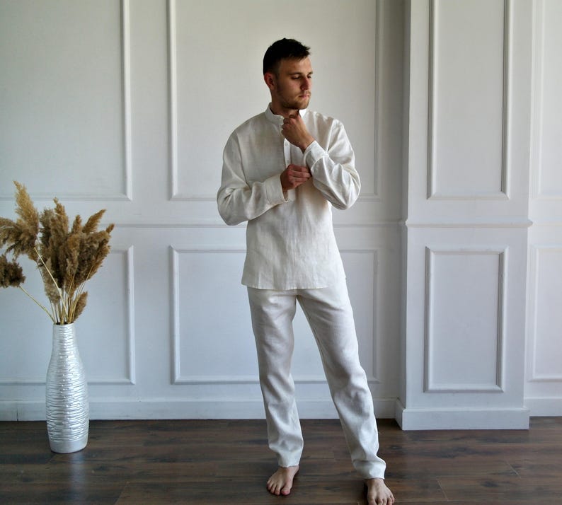 MEN'S LINEN SET, Pure linen suit men, Best man linen suit, Band collar shirt, Roll-up sleeves, Linen pants men, Flax trousers, Flax shirt image 5