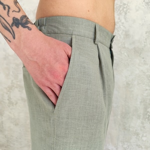 Straight Linen Pants for Men, Classic Linen Trousers, Organic Flax Men's Pants, Natural Linen Pants , Men's Elastic Waist Linen Pants zdjęcie 3
