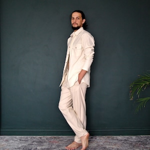 LINEN MENS SUIT: button down shirt, tapered linen pants. Beach Party Suit, Linen Suit for Men, Linen Men's Shirt&Pants, Natural Flax Suit image 1