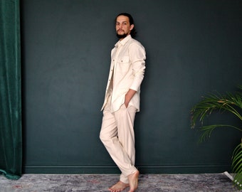 LINEN MENS SUIT: button down shirt, tapered linen pants. Beach Party Suit, Linen Suit for Men, Linen Men's Shirt&Pants, Natural Flax Suit