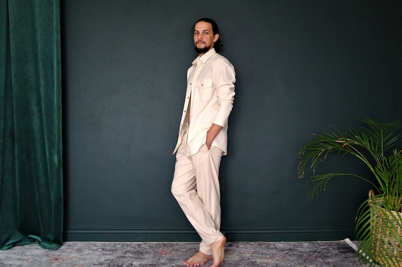 LINEN MENS SUIT: button down shirt, tapered linen pants. Beach Party Suit, Linen Suit for Men, Linen Men's Shirt&Pants, Natural Flax Suit image 1