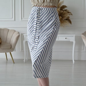 LINEN WRAP SKIRT, Striped Linen skirt, A-line Skirt, Natural linen skirt, Wrap skirt from pure linen, Midi linen skirt, Organic flax skirt