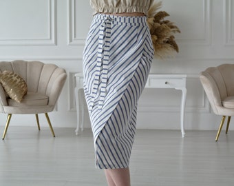 LINEN WRAP SKIRT, Striped Linen skirt, A-line Skirt, Natural linen skirt, Wrap skirt from pure linen, Midi linen skirt, Organic flax skirt
